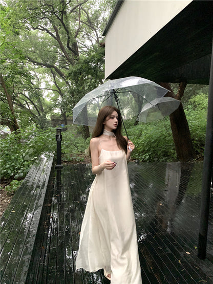 Graceful Ivory Satin-Like Spaghetti Strap Maxi Dress Glamorous Scarf Neck Tie Flowy Long Dress AP2086