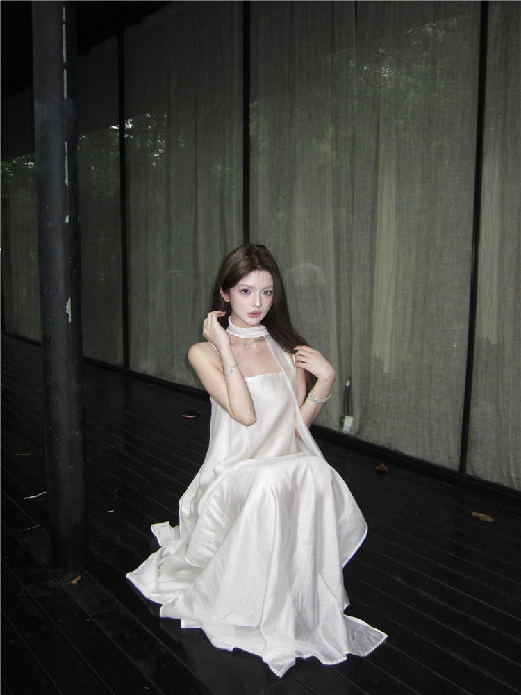 Graceful Ivory Satin-Like Spaghetti Strap Maxi Dress Glamorous Scarf Neck Tie Flowy Long Dress AP2086