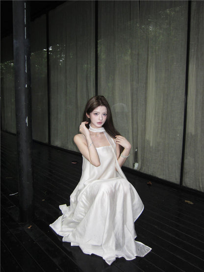 Graceful Ivory Satin-Like Spaghetti Strap Maxi Dress Glamorous Scarf Neck Tie Flowy Long Dress AP2086