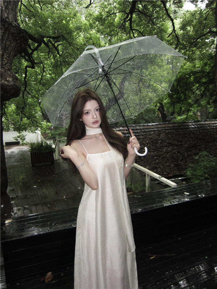 Graceful Ivory Satin-Like Spaghetti Strap Maxi Dress Glamorous Scarf Neck Tie Flowy Long Dress AP2086