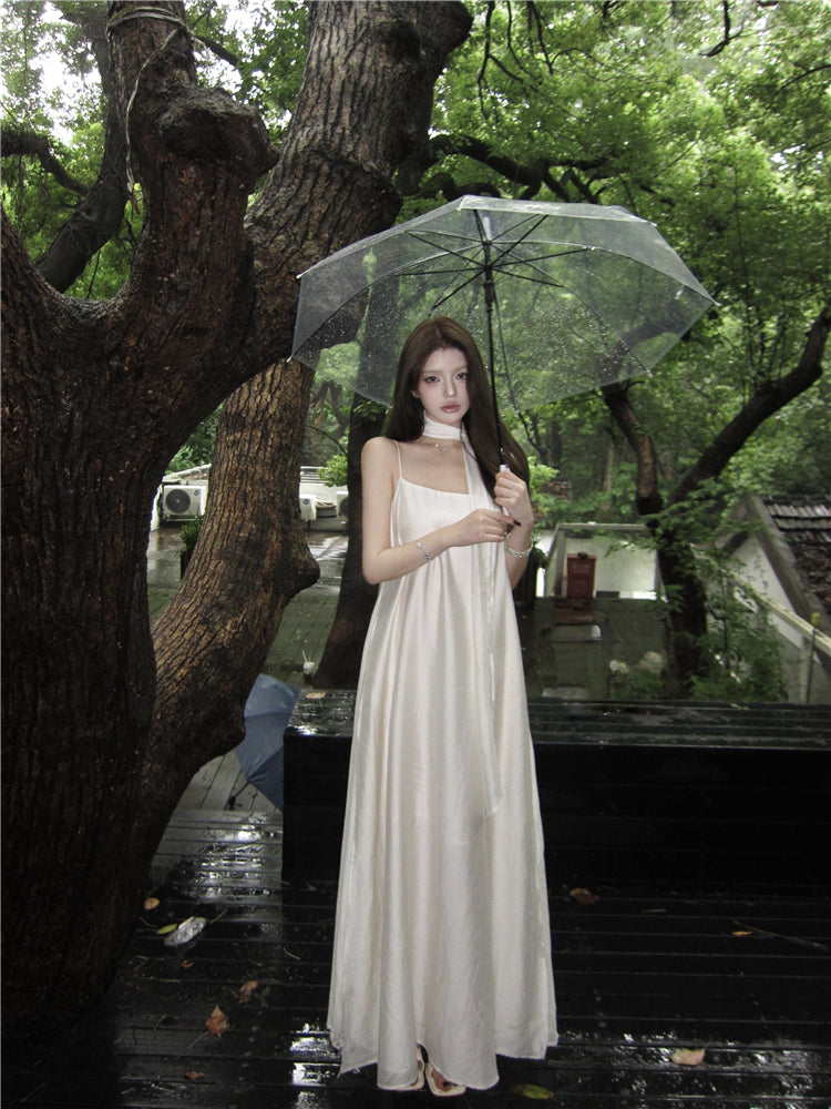 Graceful Ivory Satin-Like Spaghetti Strap Maxi Dress Glamorous Scarf Neck Tie Flowy Long Dress AP2086