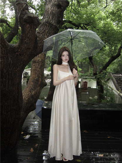 Graceful Ivory Satin-Like Spaghetti Strap Maxi Dress Glamorous Scarf Neck Tie Flowy Long Dress AP2086