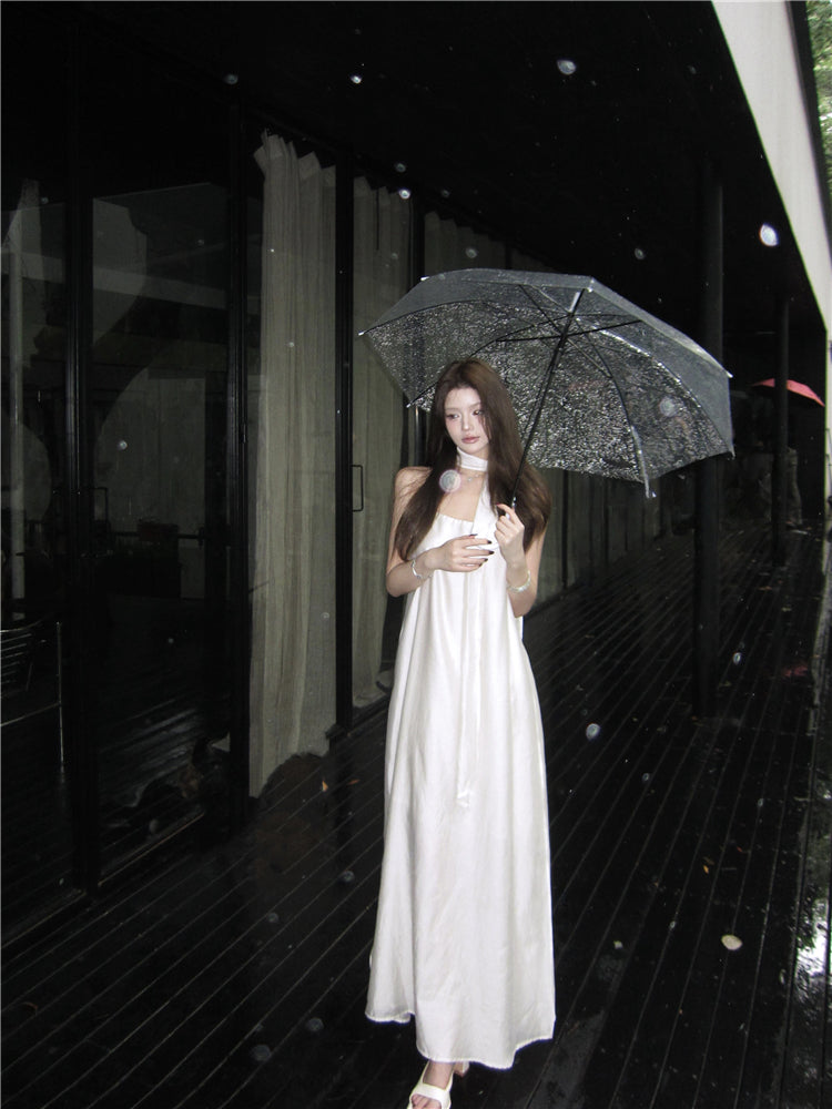 Graceful Ivory Satin-Like Spaghetti Strap Maxi Dress Glamorous Scarf Neck Tie Flowy Long Dress AP2086