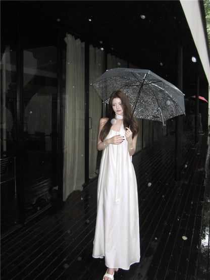 Graceful Ivory Satin-Like Spaghetti Strap Maxi Dress Glamorous Scarf Neck Tie Flowy Long Dress AP2086