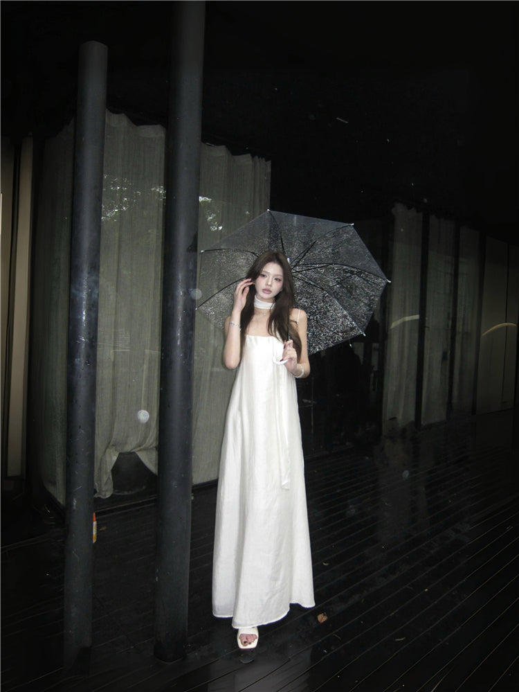 Graceful Ivory Satin-Like Spaghetti Strap Maxi Dress Glamorous Scarf Neck Tie Flowy Long Dress AP2086