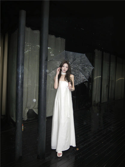 Graceful Ivory Satin-Like Spaghetti Strap Maxi Dress Glamorous Scarf Neck Tie Flowy Long Dress AP2086