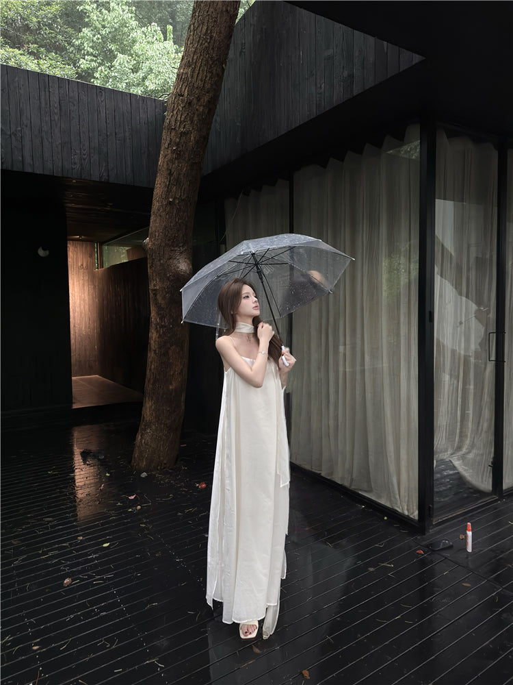 Graceful Ivory Satin-Like Spaghetti Strap Maxi Dress Glamorous Scarf Neck Tie Flowy Long Dress AP2086