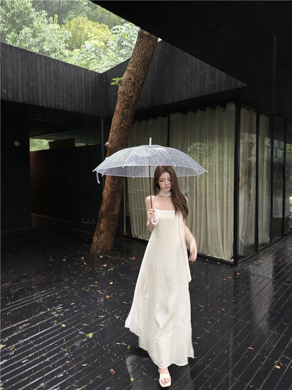 Graceful Ivory Satin-Like Spaghetti Strap Maxi Dress Glamorous Scarf Neck Tie Flowy Long Dress AP2086