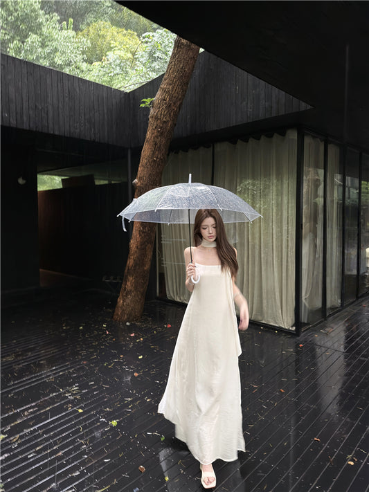 Graceful Ivory Satin-Like Spaghetti Strap Maxi Dress Glamorous Scarf Neck Tie Flowy Long Dress AP2086