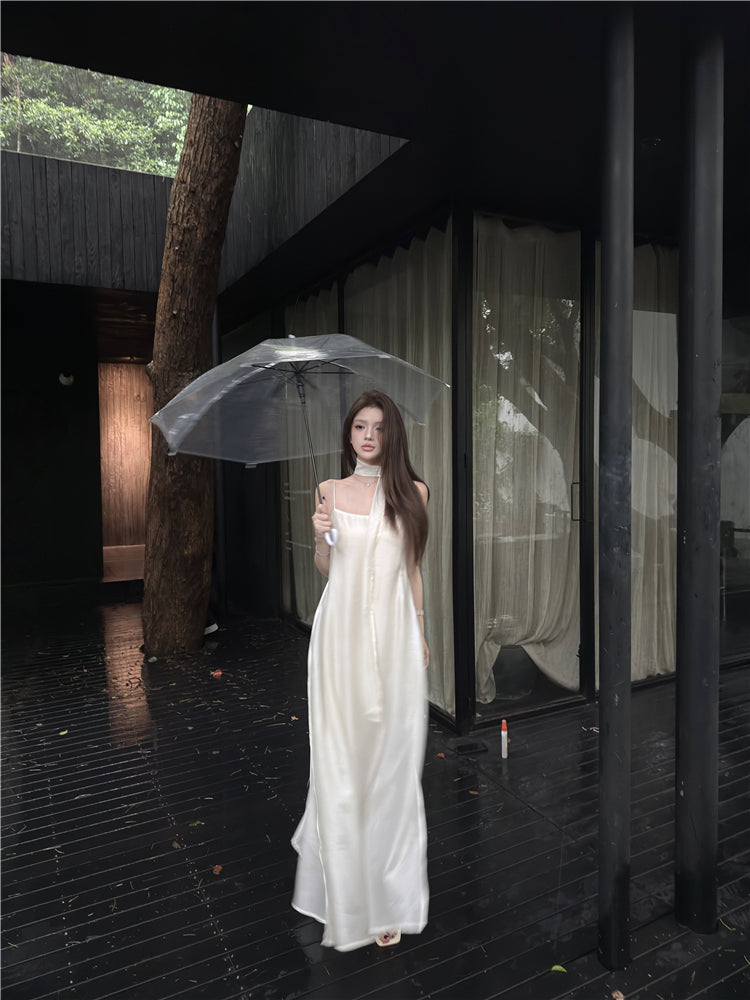 Graceful Ivory Satin-Like Spaghetti Strap Maxi Dress Glamorous Scarf Neck Tie Flowy Long Dress AP2086