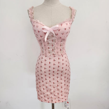 Cute Girls Ruffles Trim Floral Print Sheer Lace Waist Mini Dress Spaghetti Straps Ribbon Bow Design Daily Wear Short Dress AP2087