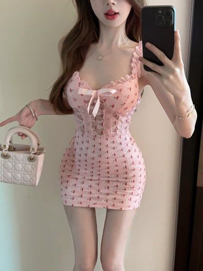 Cute Girls Ruffles Trim Floral Print Sheer Lace Waist Mini Dress Spaghetti Straps Ribbon Bow Design Daily Wear Short Dress AP2087