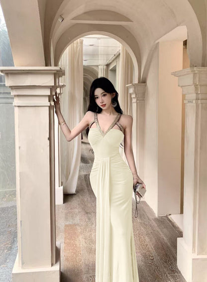 Charming Cream Cutout Metallic Sequin Straps Maxi Dress Romantic Ruched Waist Streamer Splicing Halter Long Dress AP2088