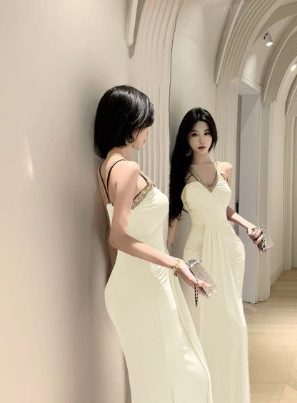 Charming Cream Cutout Metallic Sequin Straps Maxi Dress Romantic Ruched Waist Streamer Splicing Halter Long Dress AP2088