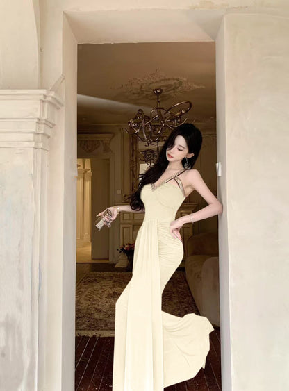 Charming Cream Cutout Metallic Sequin Straps Maxi Dress Romantic Ruched Waist Streamer Splicing Halter Long Dress AP2088