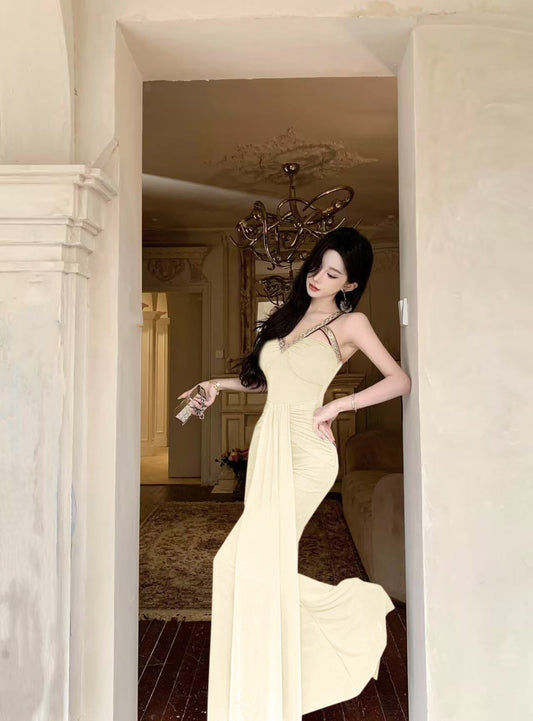 Charming Cream Cutout Metallic Sequin Straps Maxi Dress Romantic Ruched Waist Streamer Splicing Halter Long Dress AP2088