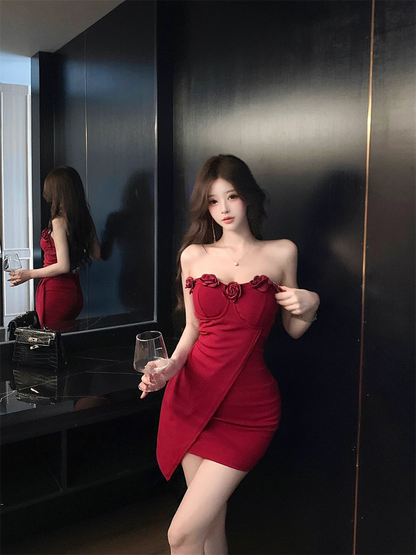 Glamorous Red Strapless Bodycon Mini Skirt Sexy Asymmetric Hem 3D Flowers Accent Short Dress AP2090
