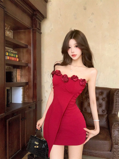Glamorous Red Strapless Bodycon Mini Skirt Sexy Asymmetric Hem 3D Flowers Accent Short Dress AP2090