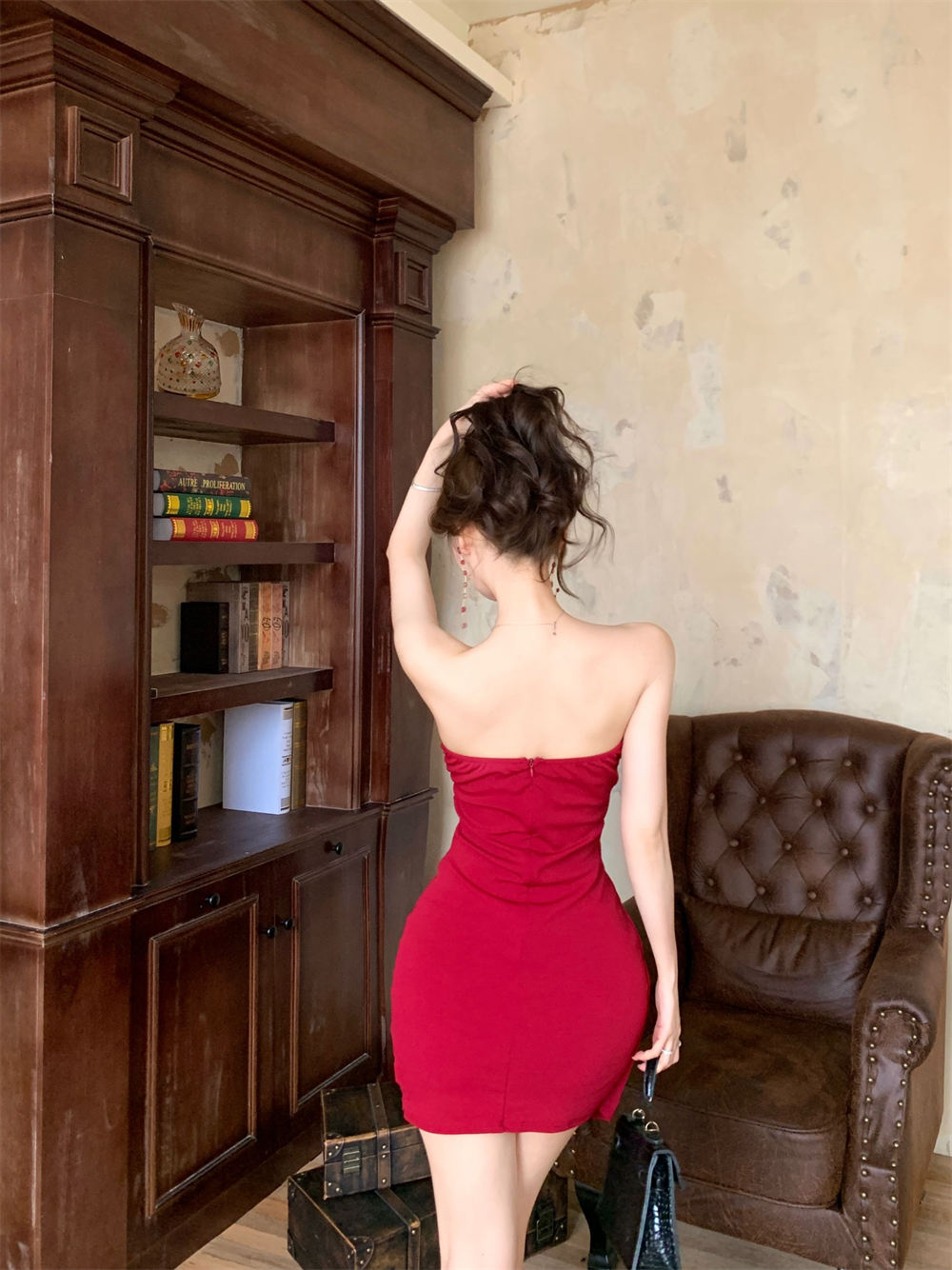 Glamorous Red Strapless Bodycon Mini Skirt Sexy Asymmetric Hem 3D Flowers Accent Short Dress AP2090