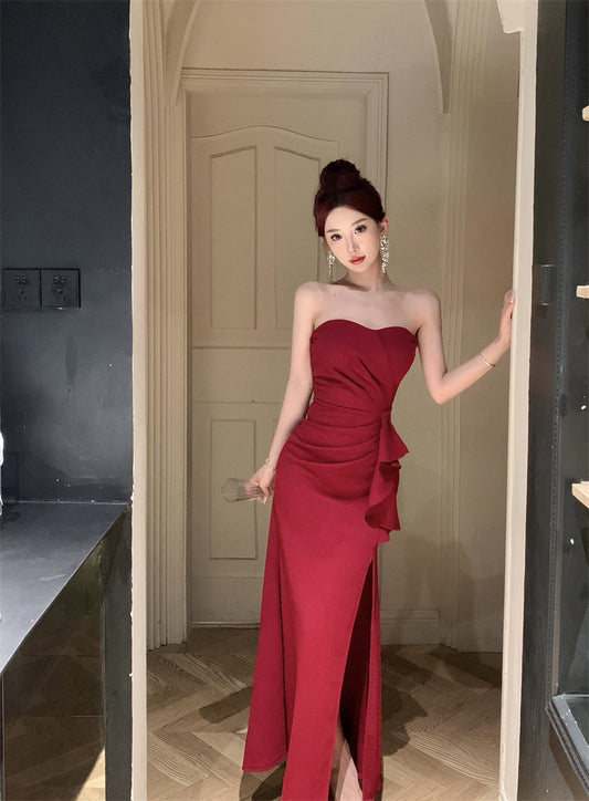 Graceful Ruched Waist Wine Red Strapless Maxi Skirt Charming High Slit Evening Parties Long Dress AP2091