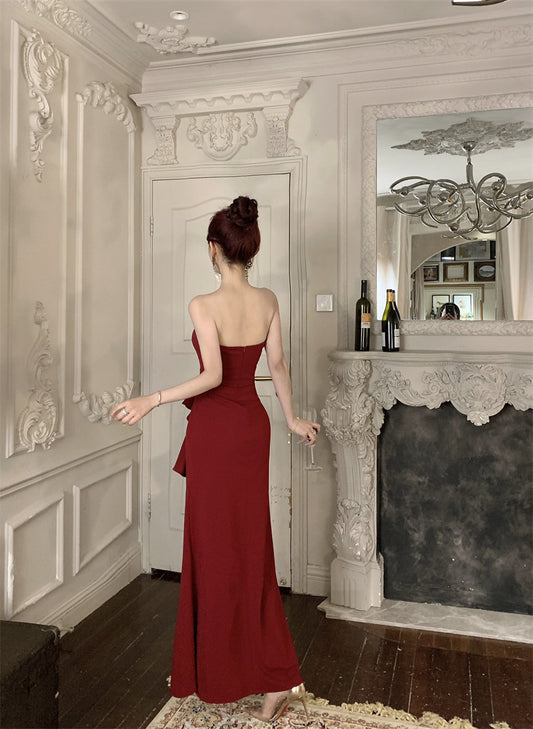 Graceful Ruched Waist Wine Red Strapless Maxi Skirt Charming High Slit Evening Parties Long Dress AP2091