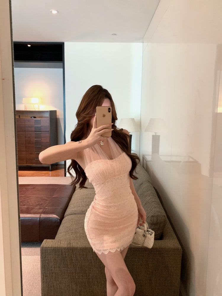 Sweet Girls Blush Pink Lace Hem Mini Skirt Casual Gatherings Sheer Mesh Rhinestone Details Halter Short Dress AP2092