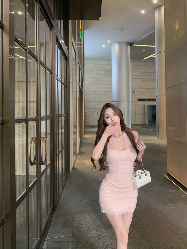 Sweet Girls Blush Pink Lace Hem Mini Skirt Casual Gatherings Sheer Mesh Rhinestone Details Halter Short Dress AP2092