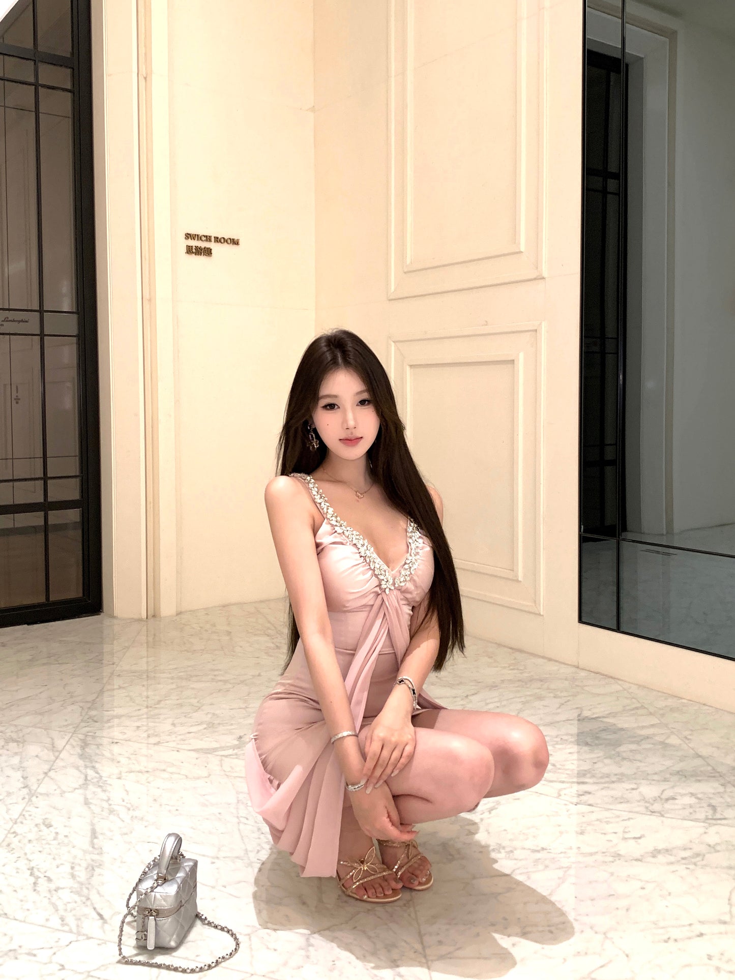 Romantic Drape Detailing Blush Pink Satin Mini Dress Exquisite Rhinestone Straps V-Neck Daily Wear Short Dress AP2093