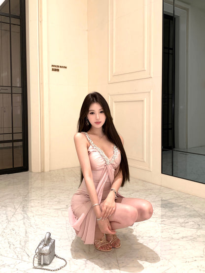 Romantic Drape Detailing Blush Pink Satin Mini Dress Exquisite Rhinestone Straps V-Neck Daily Wear Short Dress AP2093