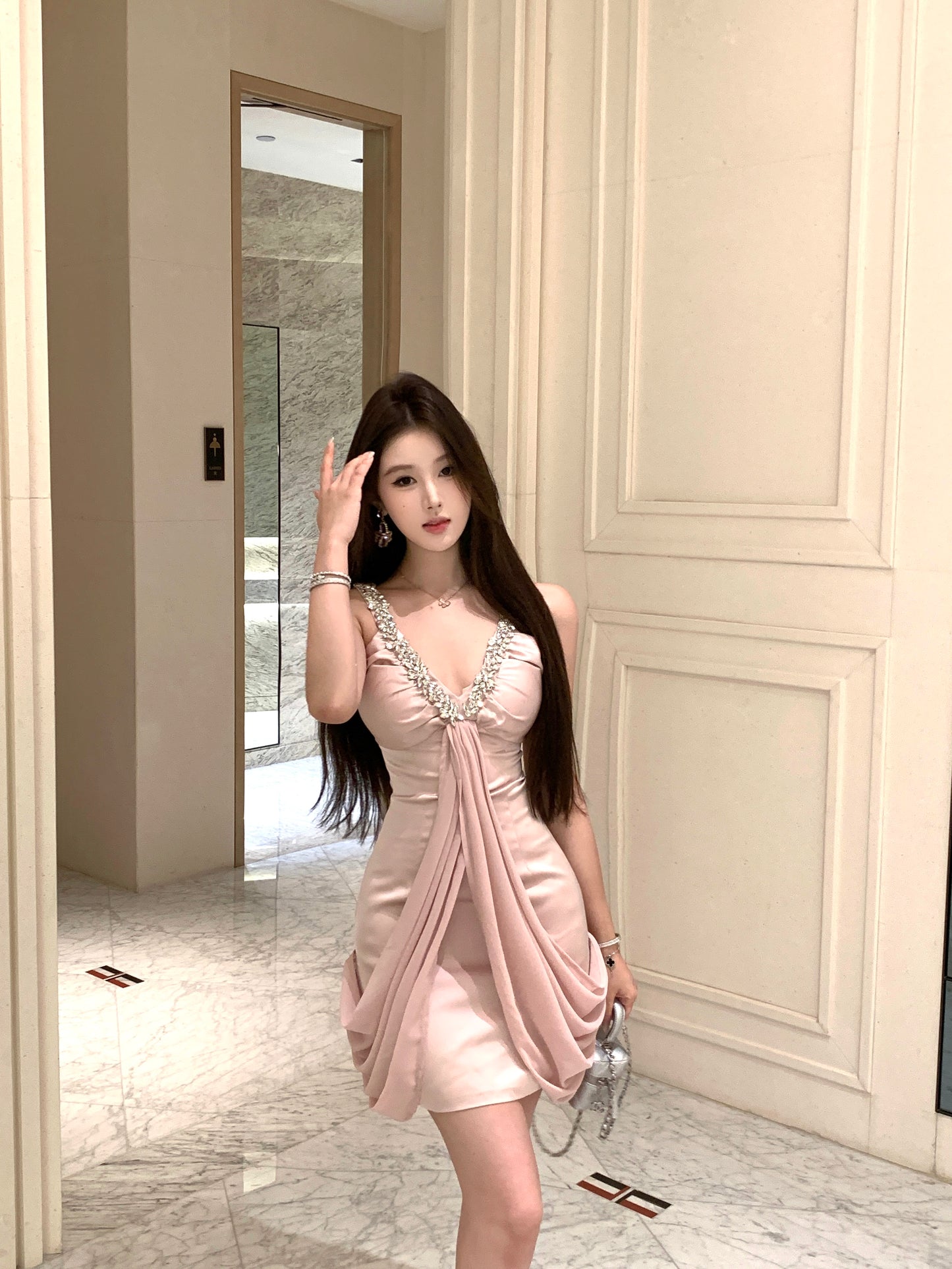 Romantic Drape Detailing Blush Pink Satin Mini Dress Exquisite Rhinestone Straps V-Neck Daily Wear Short Dress AP2093