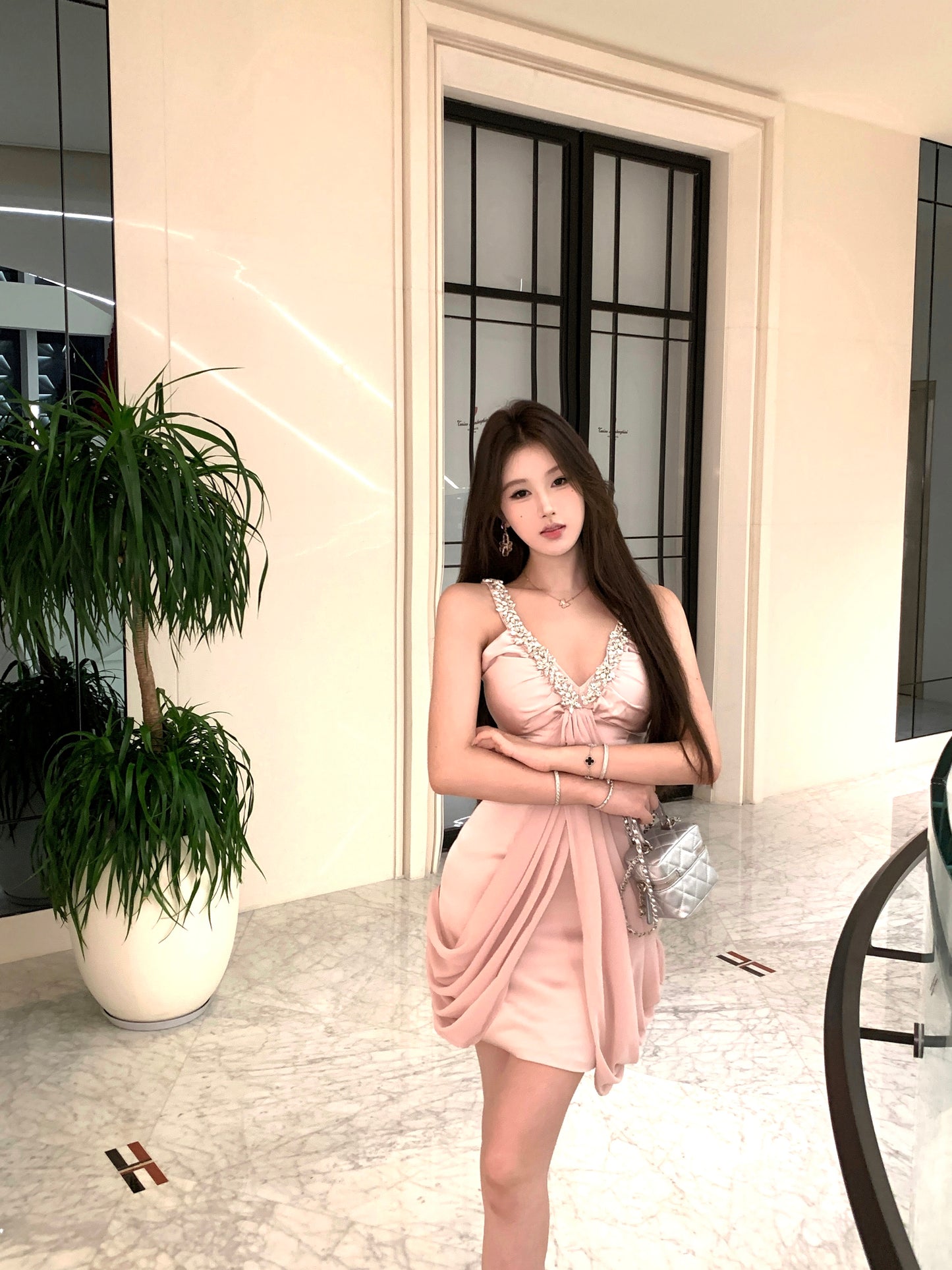 Romantic Drape Detailing Blush Pink Satin Mini Dress Exquisite Rhinestone Straps V-Neck Daily Wear Short Dress AP2093