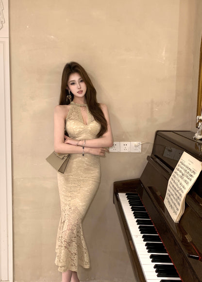 Charming Keyhole Neck Beige Lace Midi Dress French-Inspired Date Nights Mermaid Ruffles Hem Long Dress AP2094