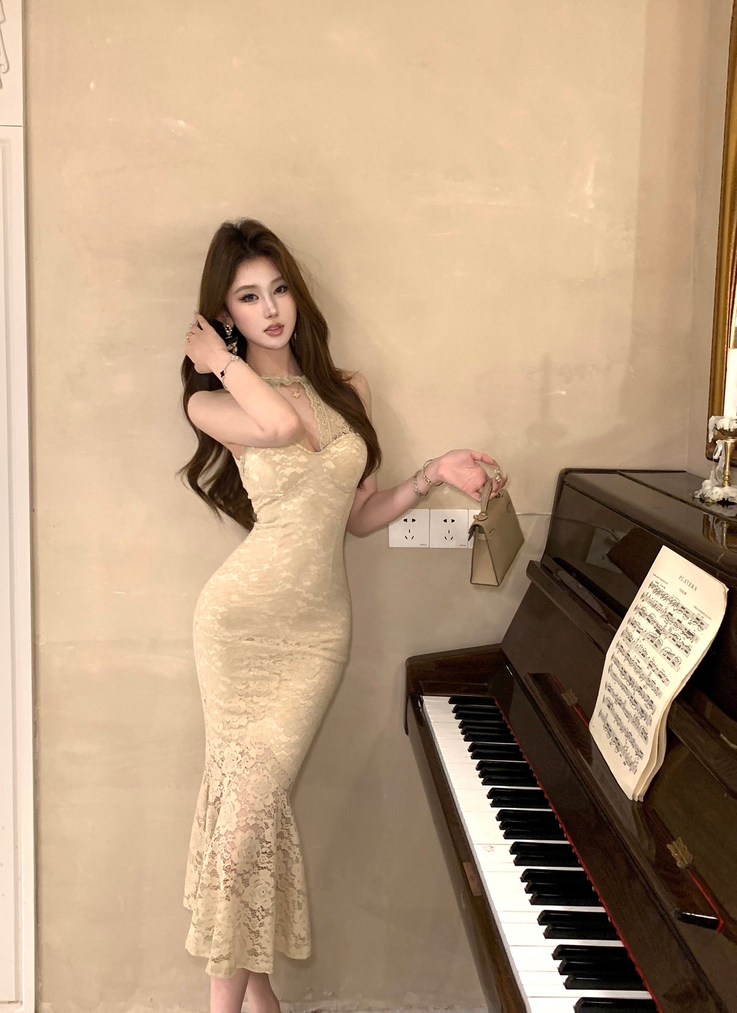 Charming Keyhole Neck Beige Lace Midi Dress French-Inspired Date Nights Mermaid Ruffles Hem Long Dress AP2094