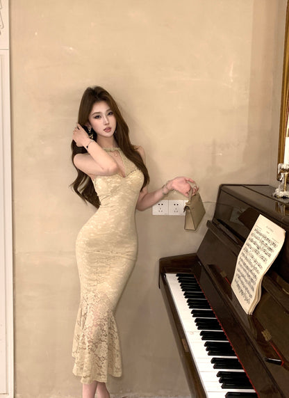 Charming Keyhole Neck Beige Lace Midi Dress French-Inspired Date Nights Mermaid Ruffles Hem Long Dress AP2094