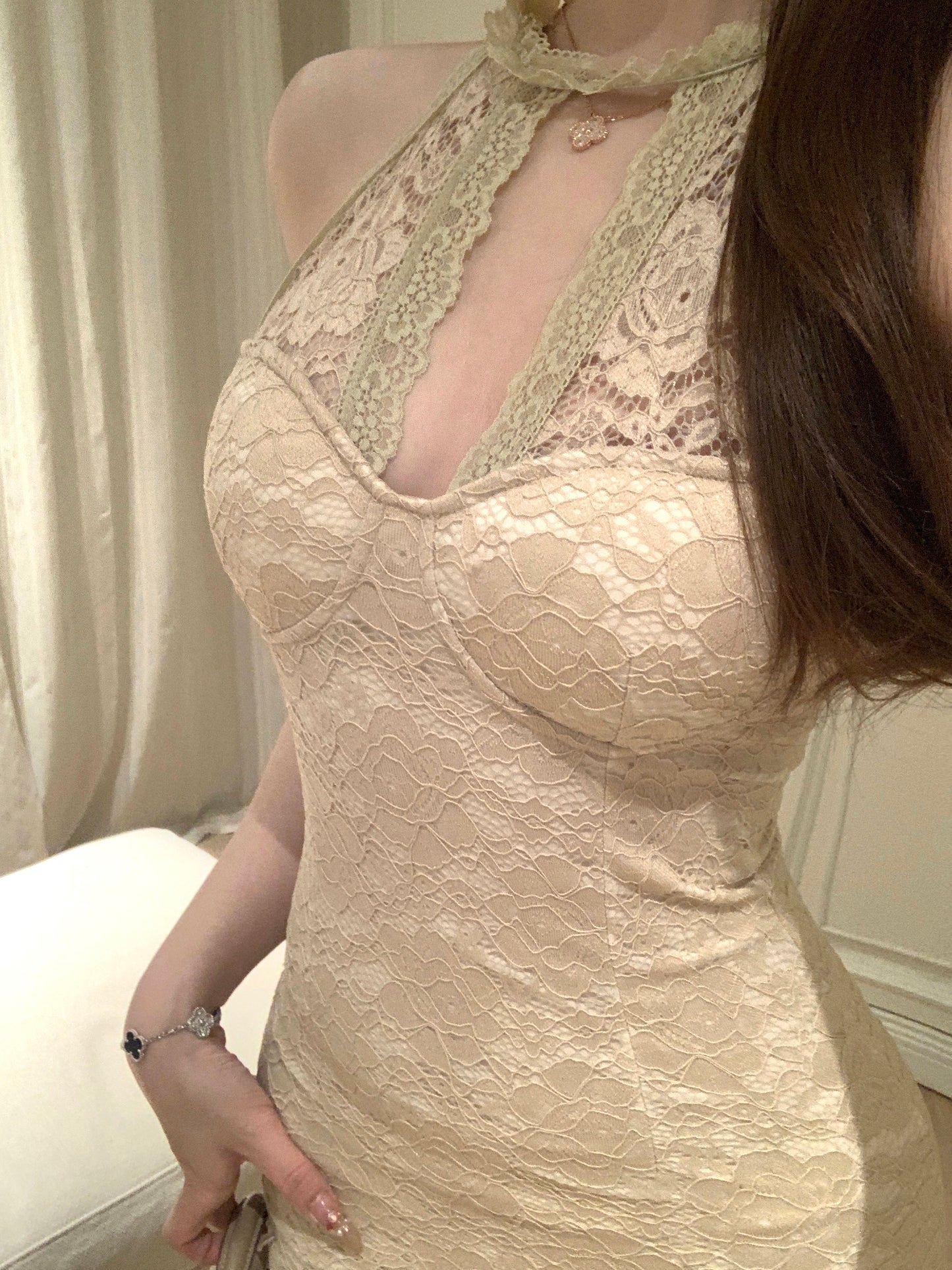 Charming Keyhole Neck Beige Lace Midi Dress French-Inspired Date Nights Mermaid Ruffles Hem Long Dress AP2094