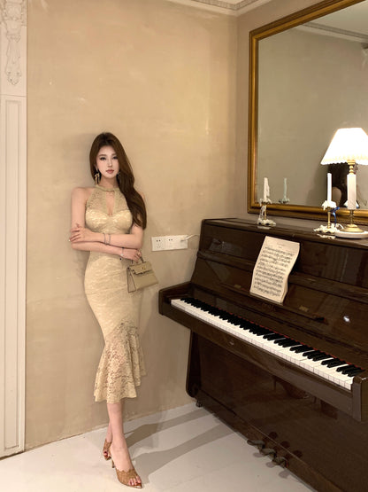 Charming Keyhole Neck Beige Lace Midi Dress French-Inspired Date Nights Mermaid Ruffles Hem Long Dress AP2094