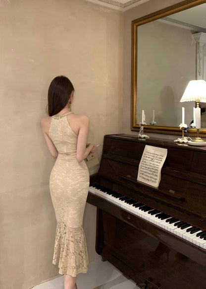 Charming Keyhole Neck Beige Lace Midi Dress French-Inspired Date Nights Mermaid Ruffles Hem Long Dress AP2094