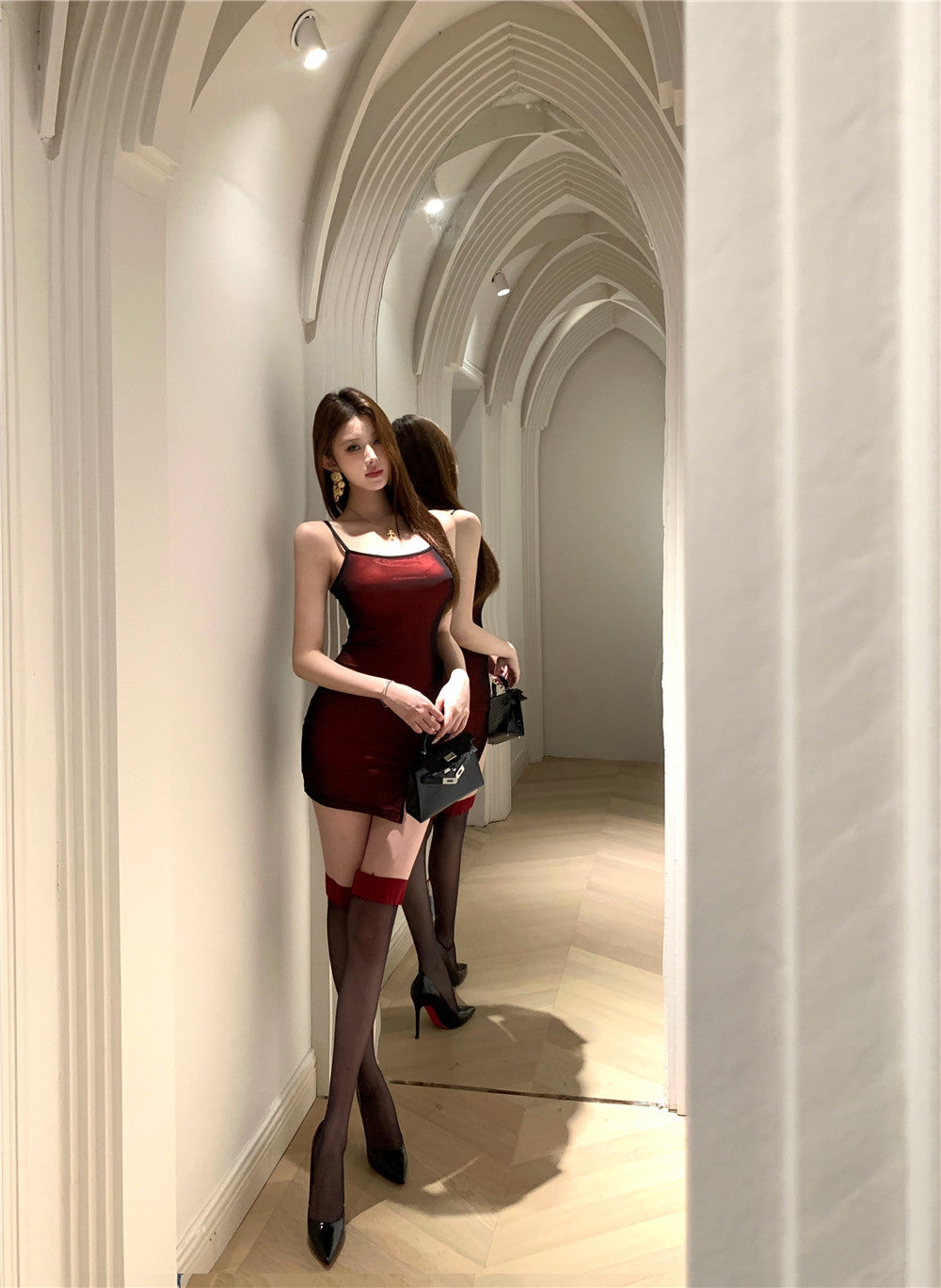 Alluring Hot Girls Night Outfit Red Bodycon Mini Dress Chic Spaghetti Straps Black Mesh Overlay Short Dress AP2095