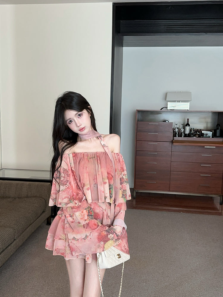 Charming Pink Floral Print Long Bell Sleeve Flowy Mini Skirt Casual Daily Two-Piece Set Off-Shoulder Ruffles Trimmed Hem Short Dress AP2096