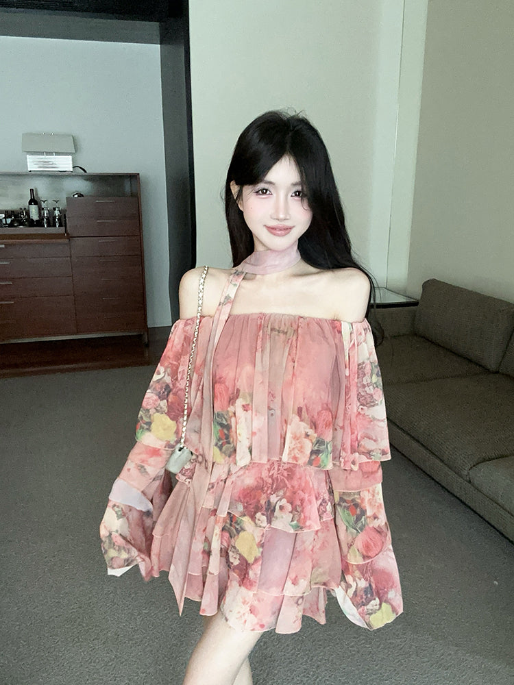 Charming Pink Floral Print Long Bell Sleeve Flowy Mini Skirt Casual Daily Two-Piece Set Off-Shoulder Ruffles Trimmed Hem Short Dress AP2096