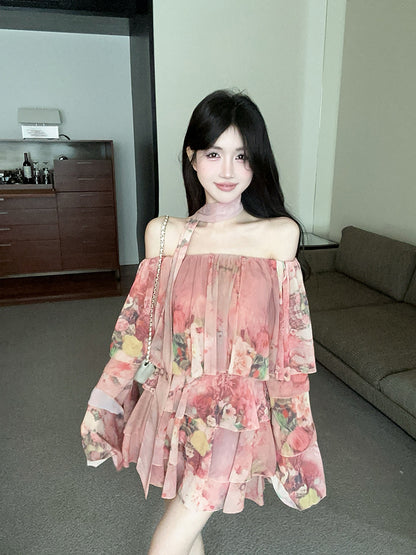 Charming Pink Floral Print Long Bell Sleeve Flowy Mini Skirt Casual Daily Two-Piece Set Off-Shoulder Ruffles Trimmed Hem Short Dress AP2096