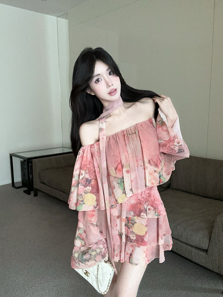Charming Pink Floral Print Long Bell Sleeve Flowy Mini Skirt Casual Daily Two-Piece Set Off-Shoulder Ruffles Trimmed Hem Short Dress AP2096