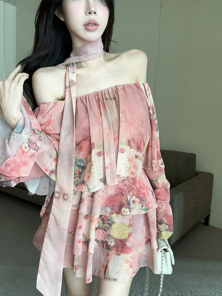 Charming Pink Floral Print Long Bell Sleeve Flowy Mini Skirt Casual Daily Two-Piece Set Off-Shoulder Ruffles Trimmed Hem Short Dress AP2096