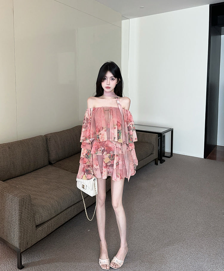 Charming Pink Floral Print Long Bell Sleeve Flowy Mini Skirt Casual Daily Two-Piece Set Off-Shoulder Ruffles Trimmed Hem Short Dress AP2096