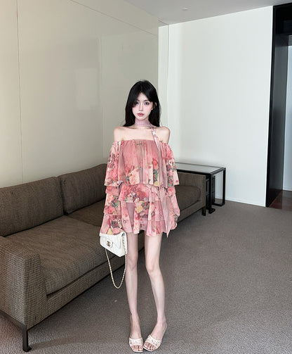 Charming Pink Floral Print Long Bell Sleeve Flowy Mini Skirt Casual Daily Two-Piece Set Off-Shoulder Ruffles Trimmed Hem Short Dress AP2096