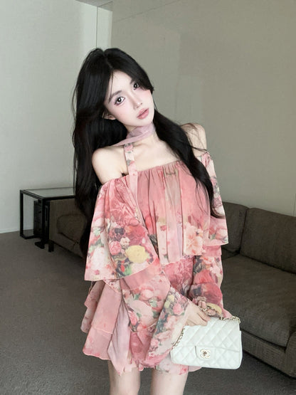 Charming Pink Floral Print Long Bell Sleeve Flowy Mini Skirt Casual Daily Two-Piece Set Off-Shoulder Ruffles Trimmed Hem Short Dress AP2096