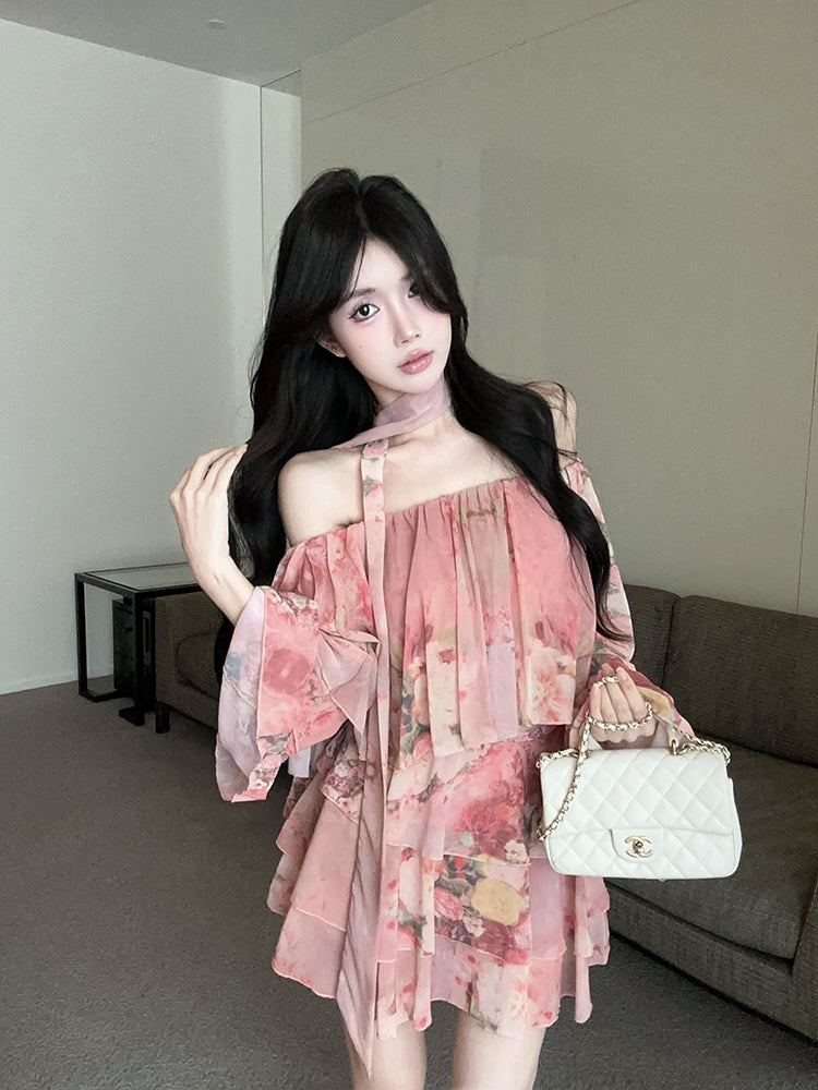 Charming Pink Floral Print Long Bell Sleeve Flowy Mini Skirt Casual Daily Two-Piece Set Off-Shoulder Ruffles Trimmed Hem Short Dress AP2096