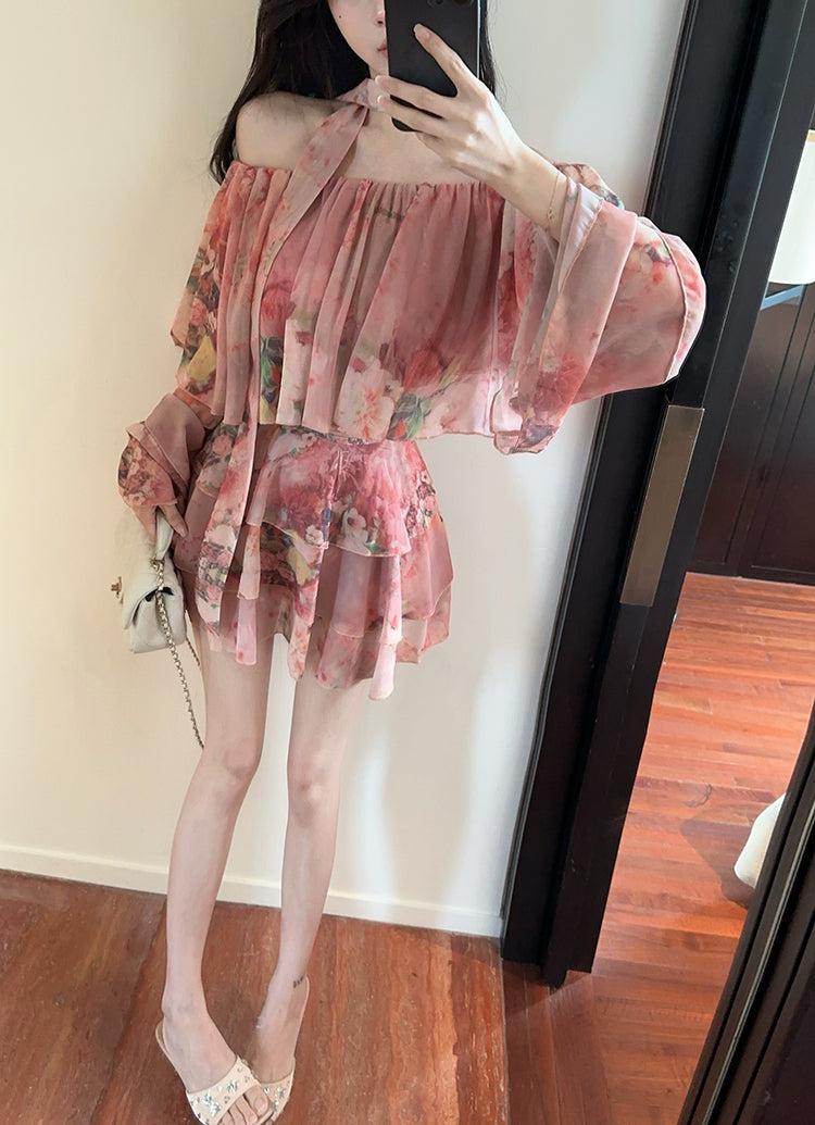 Charming Pink Floral Print Long Bell Sleeve Flowy Mini Skirt Casual Daily Two-Piece Set Off-Shoulder Ruffles Trimmed Hem Short Dress AP2096