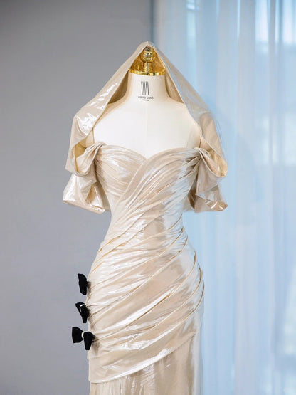 Charming Champagne Sheen Mermaid Ruched Bodice Maxi Dress Elegant Black Bow Details Formal Occasions Prom Dress AP2097