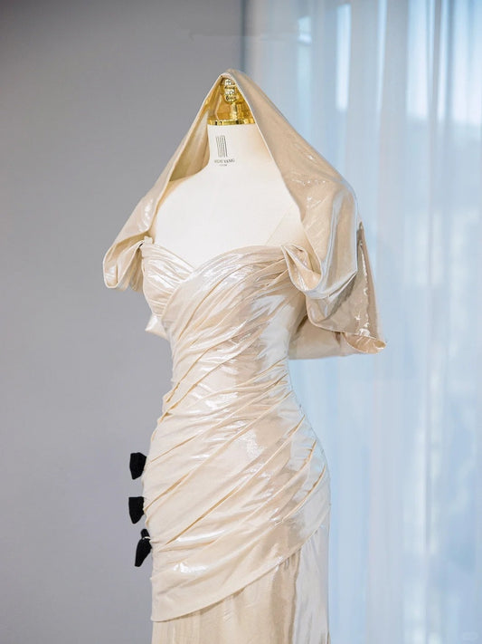 Charming Champagne Sheen Mermaid Ruched Bodice Maxi Dress Elegant Black Bow Details Formal Occasions Prom Dress AP2097